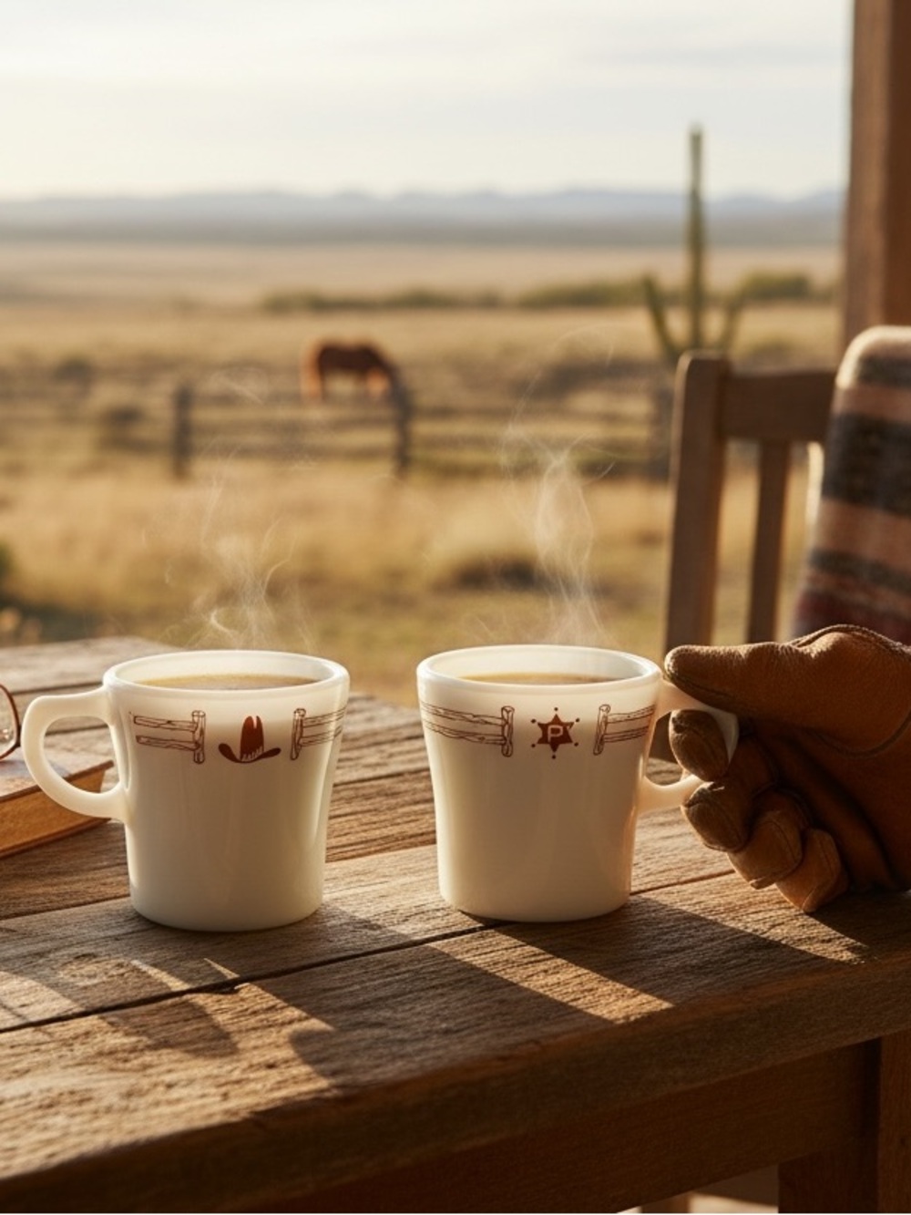 Set of 2 Vintage White Milk Glass Cowboy Western Coffee Mug Sheriff Rustic Pyrex